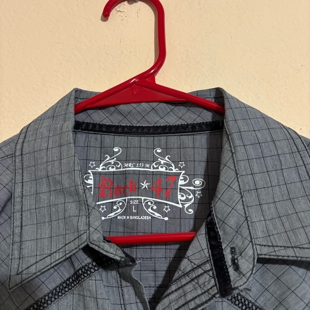 Rock 47 Wrangler Shirt Mens Pearl Snap Western Embroidered Grey Long Sleeve sz L - Picture 3 of 11